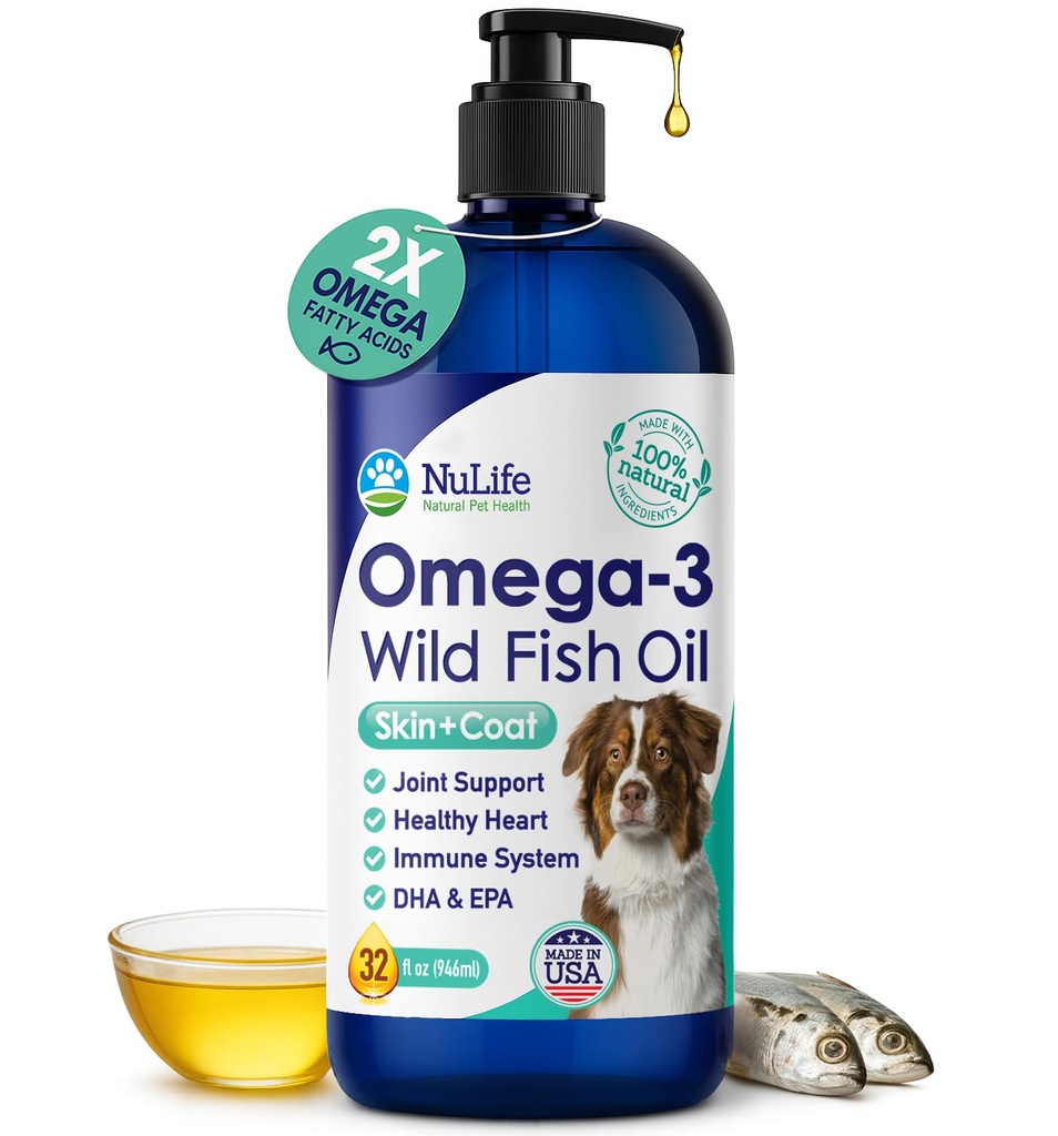 Flydende fiskeolie til hunde med Omega 3, 6 og 9 fede syrer, Wild Fanget fra Island, Hud og Coat Supplement til Shedding, Itchy Skin, Allergier, hjerne og hjerte sundhed, rig på EPA + DHA - 32 oz