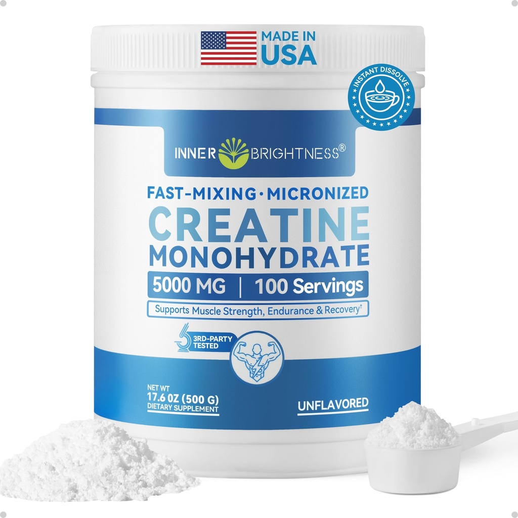 Inner Brightness Creatine Monohydrate Powder - 600-Mesh Micronized Creatine Supplement, 3rd Party Tested, Gentle on Stomach for Muscle Growth & Strength, Unflavored, 100 Servings