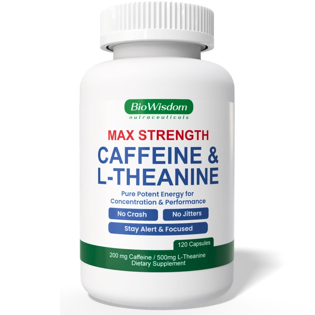 Max Strength Caffeine L Theanine Pills (200mg/500mg) - No Jitters Peak Energy, Focus, Performance, Alertness - Caffeine Pills & L-Theanine Capsules, No Crash & Drowsiness, Potent Supplement, 120 Count