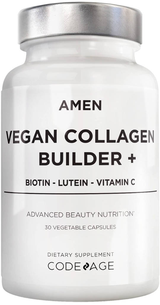 Amen Plant- baseret Vegan Collagen Builder Supplement - Økologiske hele fødevarer, Lutein, C-vitamin, biotin, Lysin, Proline Collagen Boostere - Økologisk Tranebær, Lemon, Jordbær - En gang om dagen - 30 kapsler