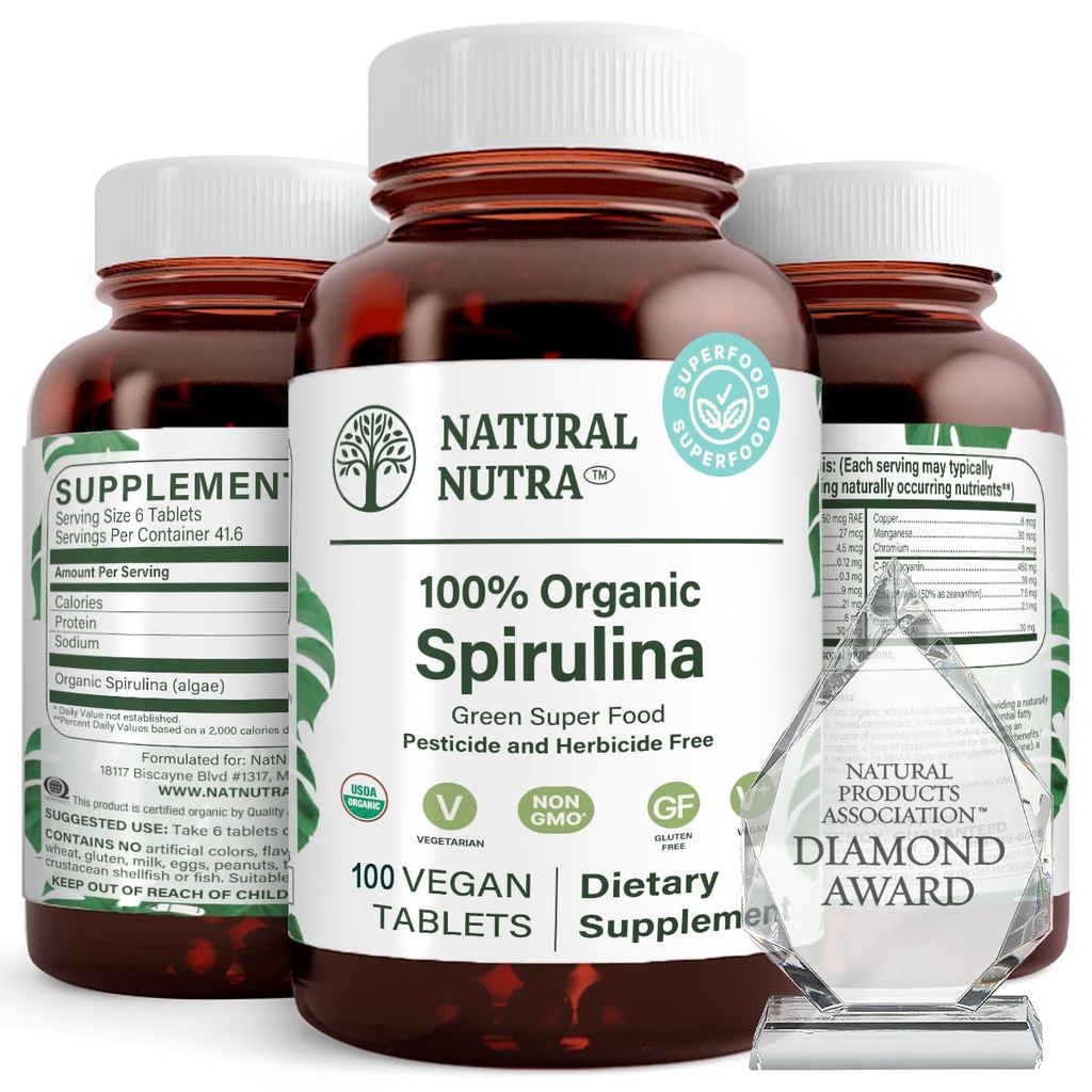 Natural Nutra 100% USDA Organic Spirulina Tablets, Hjælper Opretholdelse Krop Fedtstoffer, Fremme Leversundhed, Fremme Immunsystemet, Hjælper Forbedre Metabolisme, Fremme Immunitet, 300mg, 100 Vegan Tablets