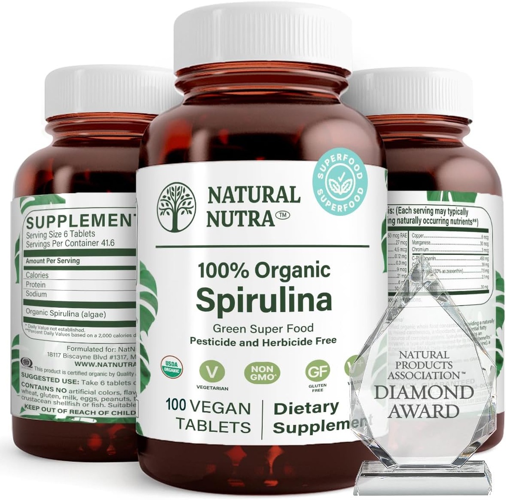 Natural Nutra 100% USDA Organic Spirulina Tablets, Hjælper Opretholdelse Krop Fedtstoffer, Fremme Leversundhed, Fremme Immunsystemet, Hjælper Forbedre Metabolisme, Fremme Immunitet, 300mg, 100 Vegan Tablets