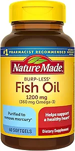 Nature Made Burp- Mindre Fish Oil 1200 mg, 60 Softgels, Fish Oil Omega 3 supplement til hjertesundhed (pakke med 3)