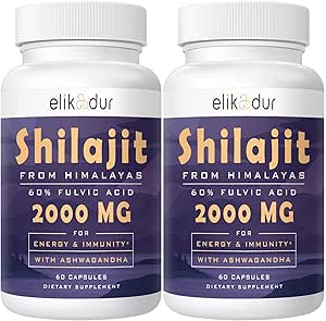 2000 MG Shilajit Supplement, 100% Pure Shilajit with 85 + Trace Minerals & 60% Fulvic Acid, Boost Energy & Immunity, Vegan, Natural, 120 Kapsler
