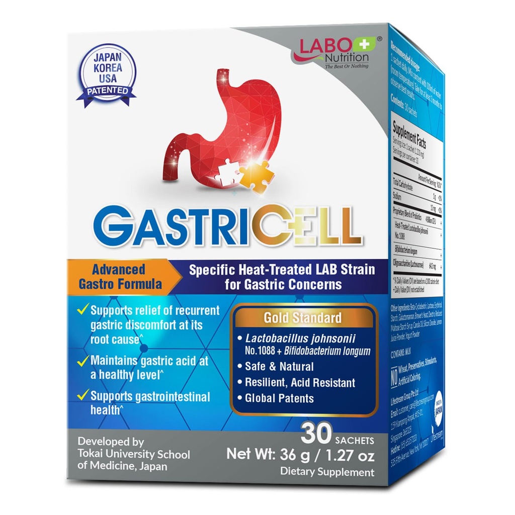 LABO Nutrition GASTRICELL - Acid Reflux, Heartburn, Gendannelse Gastrisk discomfort, Natural Defence Agastric Distress 30 breve
