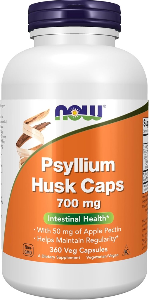 Now Foods Supplements, Psyllium Husk Caps 700 mg med 50 mg Apple Pectin, Intestinal Health *, 360 Veg kapsler