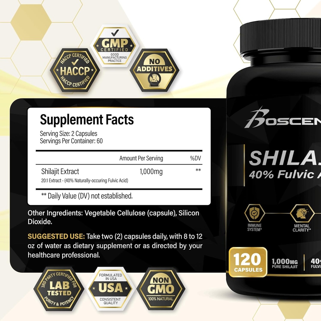 Shilajit Capsules 20,000mg - Pure Himalayan Shilajit til mænd og kvinder - Organic Fulvic Acid Supplement med 85 + Trace Minerals - High Potence Natural Energy & Vitality Support - 120 Vegan Capsules