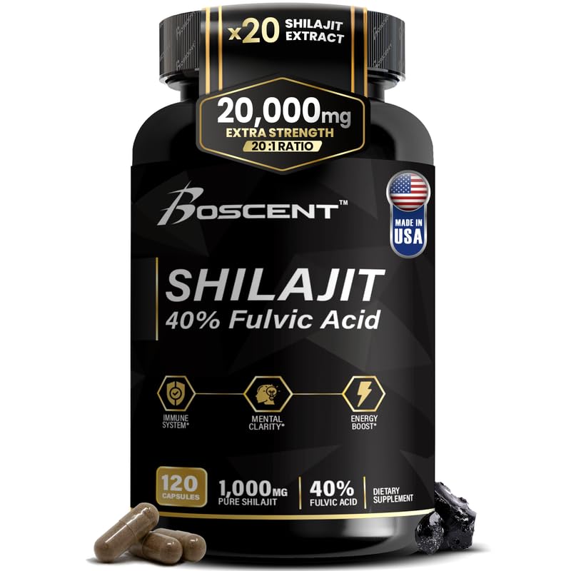 Shilajit Capsules 20,000mg - Pure Himalayan Shilajit til mænd og kvinder - Organic Fulvic Acid Supplement med 85 + Trace Minerals - High Potence Natural Energy & Vitality Support - 120 Vegan Capsules