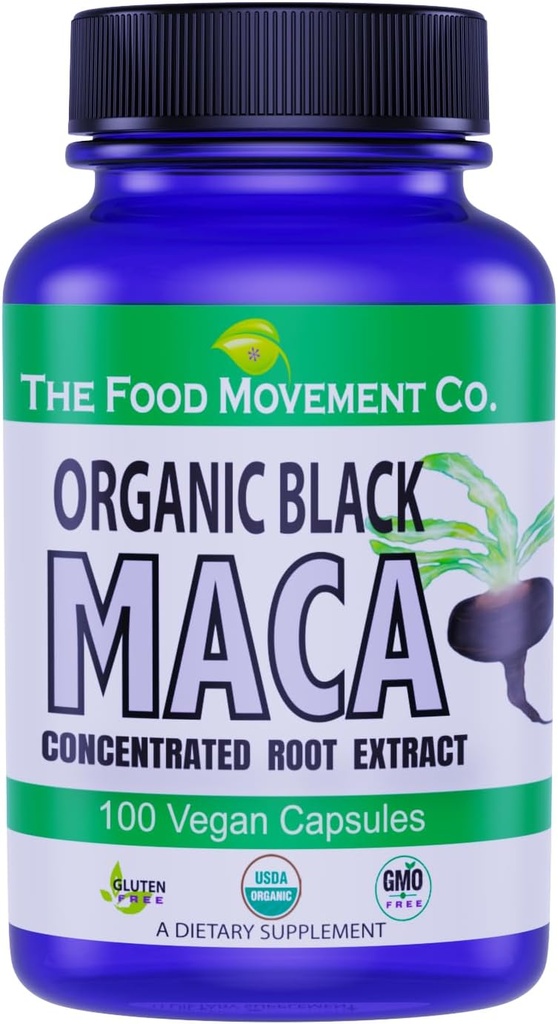 FØDEVAREBEVÆGELSER CO. Sort Maca 500mg 60 Kapsler - Økologisk, ikke-GMO, Vegan, Gluten Free- Black Maca Root Supplement for hele kroppen Wellness