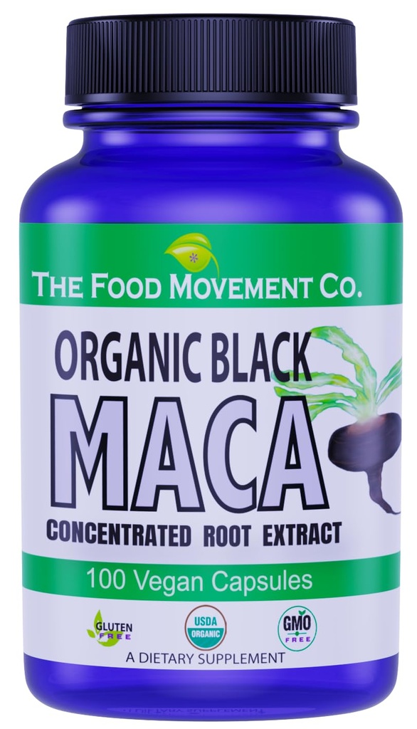 FØDEVAREBEVÆGELSER CO. Sort Maca 500mg 60 Kapsler - Økologisk, ikke-GMO, Vegan, Gluten Free- Black Maca Root Supplement for hele kroppen Wellness