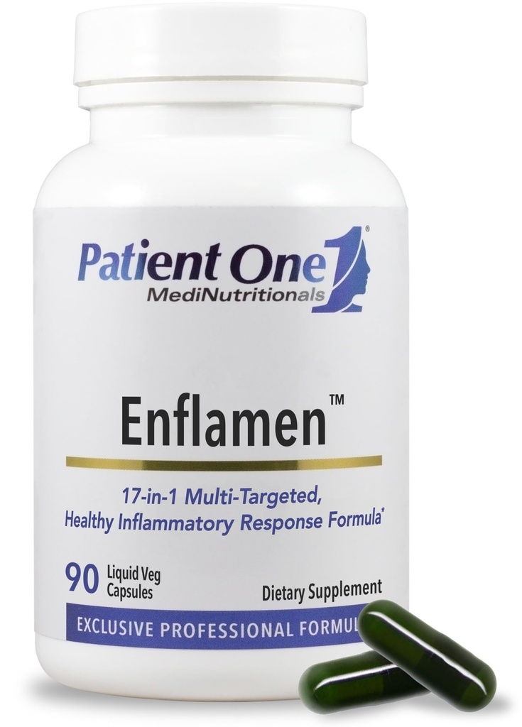 Patient 1 Enflamen • 124; supplement til støtte sund inflammatorisk respons og fælles komfort • 124; med gurkemeje, Ingefær, Capsicum og mere • 124; 90 kapsler