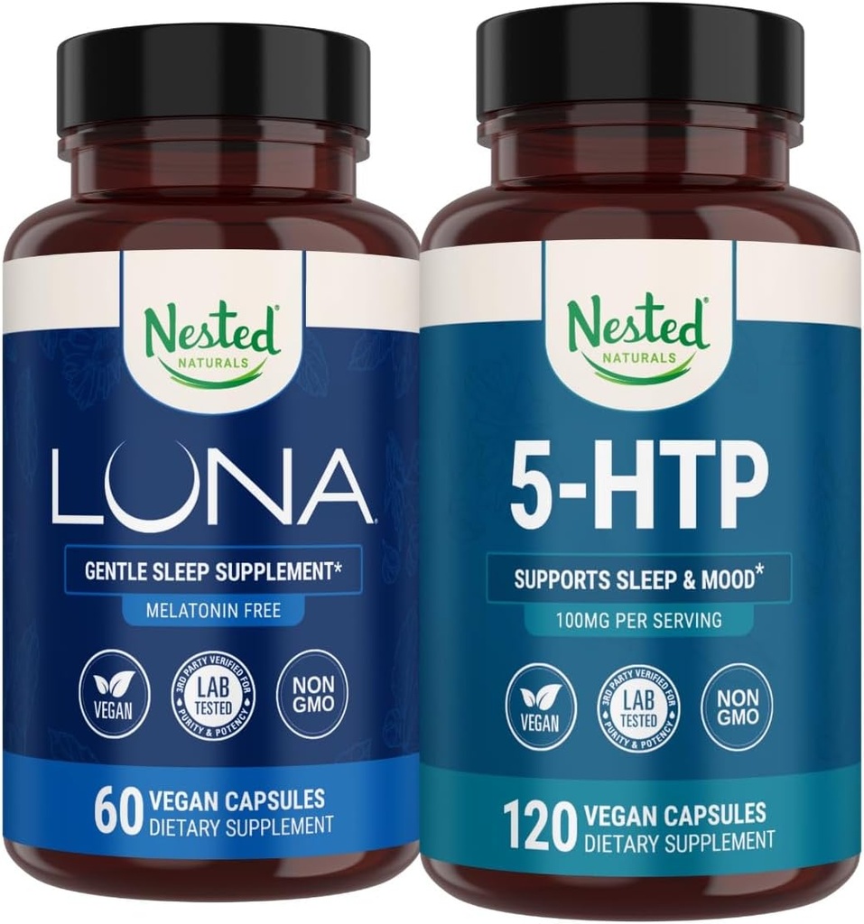 Nested Naturals Luna Melatonin- Free Sleep Supplement (60 Veganske Kapsler) & 5- HTP 100mg (120 Veganske Kapsler) for forbedret søvn, afspænding & Mood