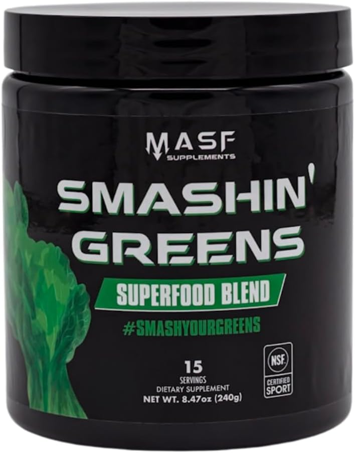 MASF Kosttilskud Smashin 'Greens Superfood Organic Blend - 15 Serveringer - Boost Energy, Immun Support, fordøjelsessundhed med økologisk hvedegræs, Spirulina, Chlorella - NSF Certified