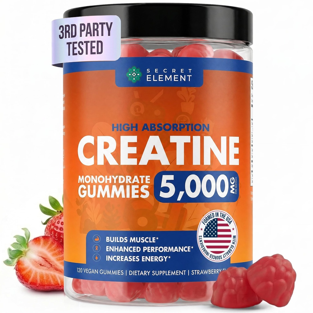 Secret Element Creatine Monohydrate Gummies 5000 mg per Serving, Sugar Free Vegan Gummies, Non-GMO, Creatine Chews for Women & Men, 30 Servings, 120 Gummies, Strawberry Flavor