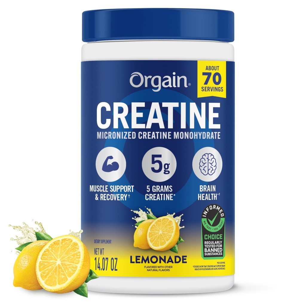 Orgain Creatine Monohydrate Micronized Powder, Lemonade Flavored, 5g Creatine, 70 Servings, Supports Muscle Growth, Post Workout Recovery and Brain Health, for Men & Women