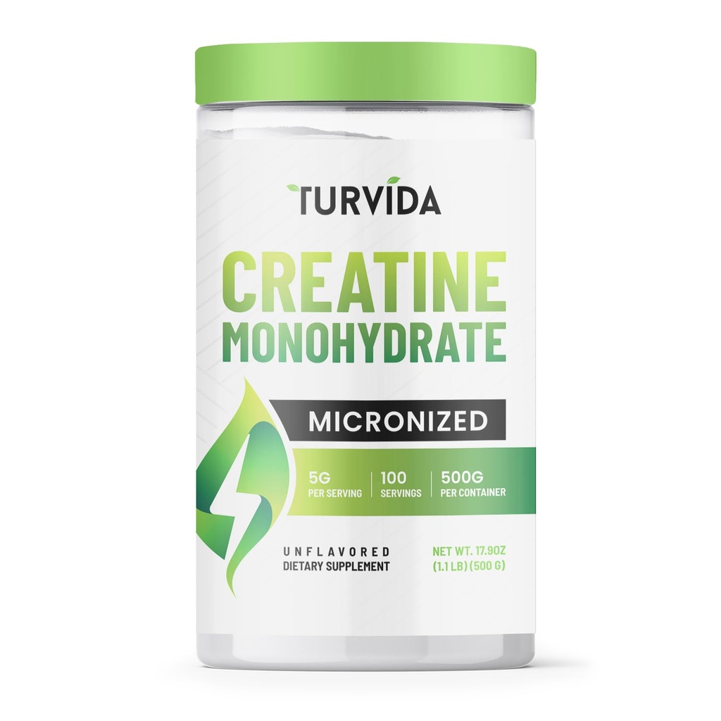 Turvida Creatine Monohydrate, Micronized Creatine Powder for Men and Women, Pre Workout Supplement, Pure Monohydrate Creatine for Strength, Workout Support, Micronized for Better Absorption (500g)