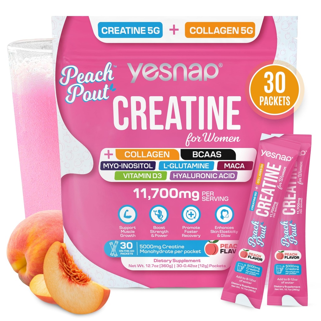 Creatine for Women – Micronized Creatine Monohydrate Powder with Collagen, BCAA, Myo-Inositol & Vitamin D3 – Muscle Growth, Strength & Energy Support – Pre & Post Workout – Peach Flavor, 30 Servings