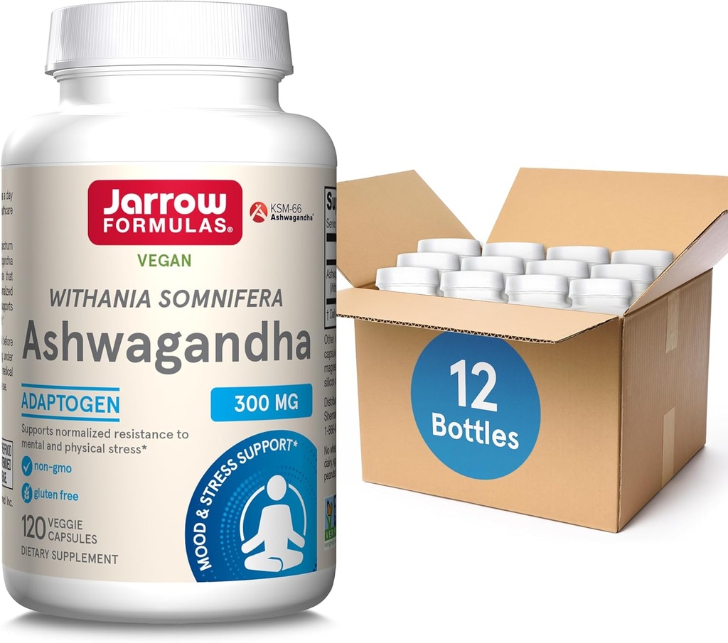 Jarrow Formulas Ashwagandha 300 mg - 120 Veggie kapsler - Samlet sundhed & modstand mod træthed - Supplement understøtter Endurance, Muscle Recovery & Kognitiv sundhed - 60 Servering (Pack of 12)