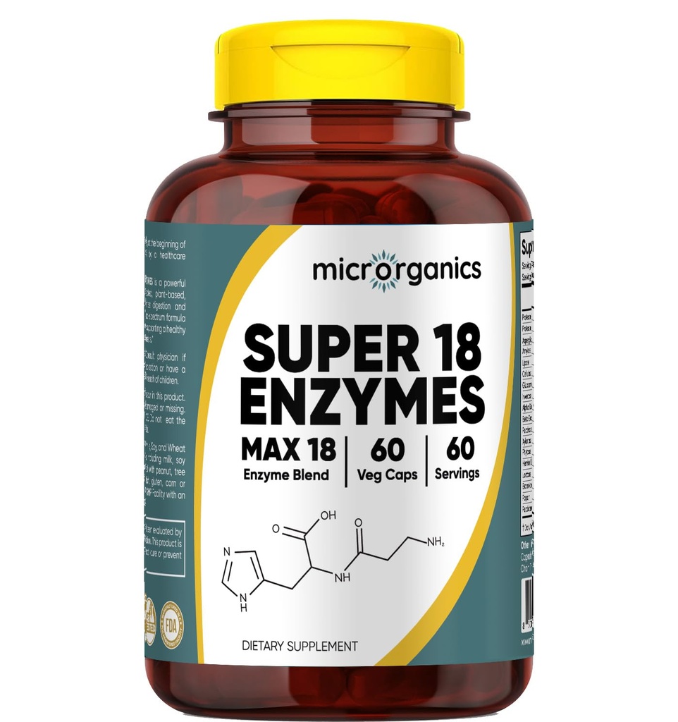Super 18 Enzymes MAX 18 – Broad-Spectrum Plant-Based Digestive Enzyme Complex – Supports Comfortable Digestion & Nutrient Absorption – 60 Vegan Capsules, 60 Servings