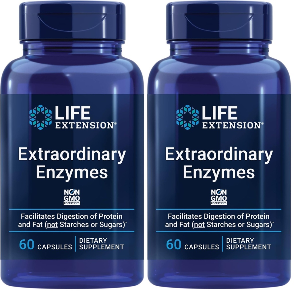 Life Extension Extraordinary Enzymes, Digestive Health Support, Nutrient Absorption, Digestive enzymes, Non-GMO, 60 Capsules (Pack of 2)