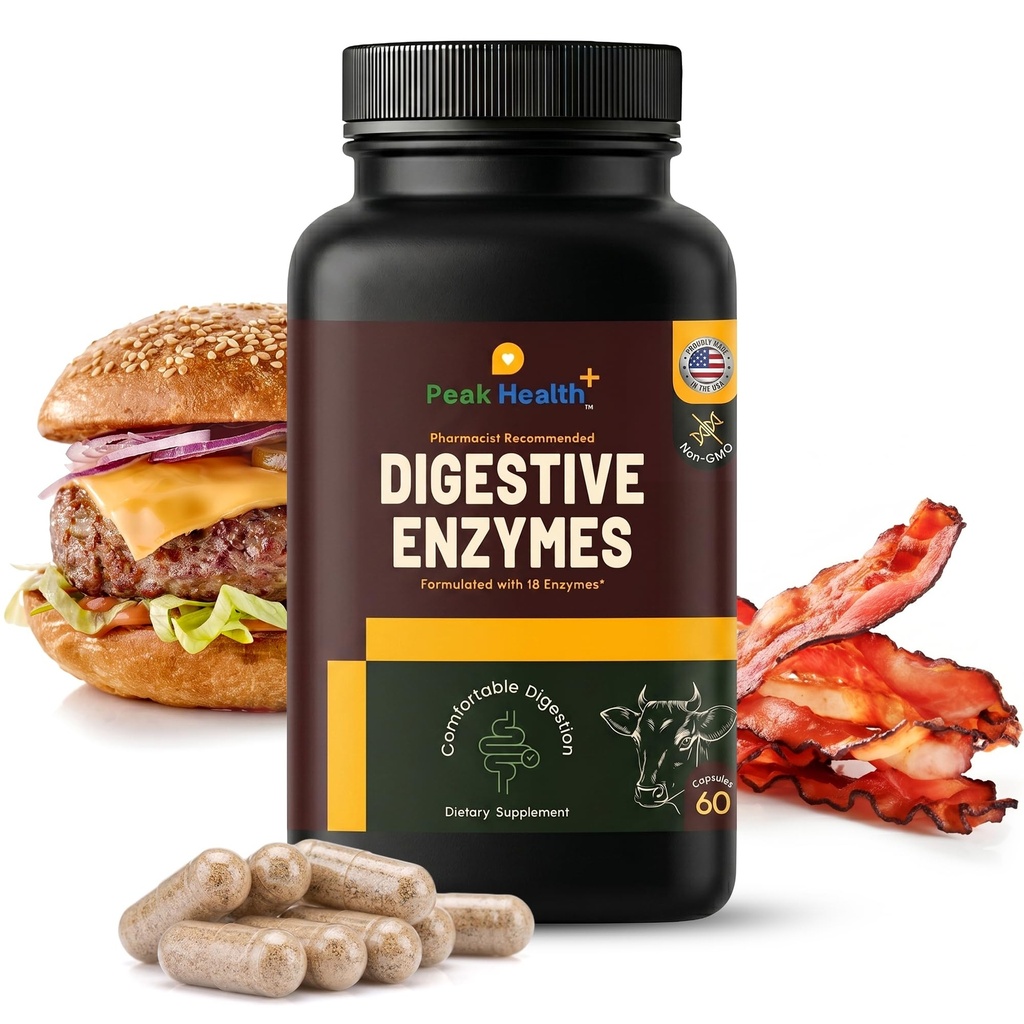 Peak Health, Digestive Enzymes for Foodies | Digestive Support for Meat, Carbs, Fat, Milk and Vegetable Digestion – Pharmacist Formulated 60 Count - USA