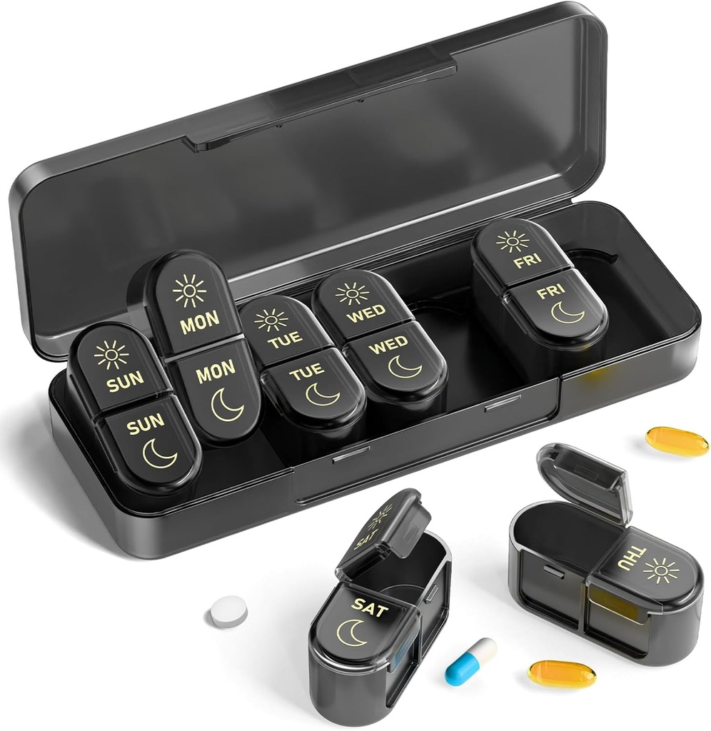 AM & PM Pill Organizer 7 dage, Ugentlig Pill Case 2 gange om dagen, Pill Box 7 dag, Medicin Pill Organizer til rejser, Vitaminer, Fiskeolier, Kosttilskud