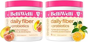 Belli Welli Daily Fiber Supplement Bundle med Collagen, Probiotika & Elektrolytes - Peach Mango & Orange Yuzu Mandarin Flavors - Understøtter fordøjelse, Gut Balance & Debloating - 32 Serveringer i alt