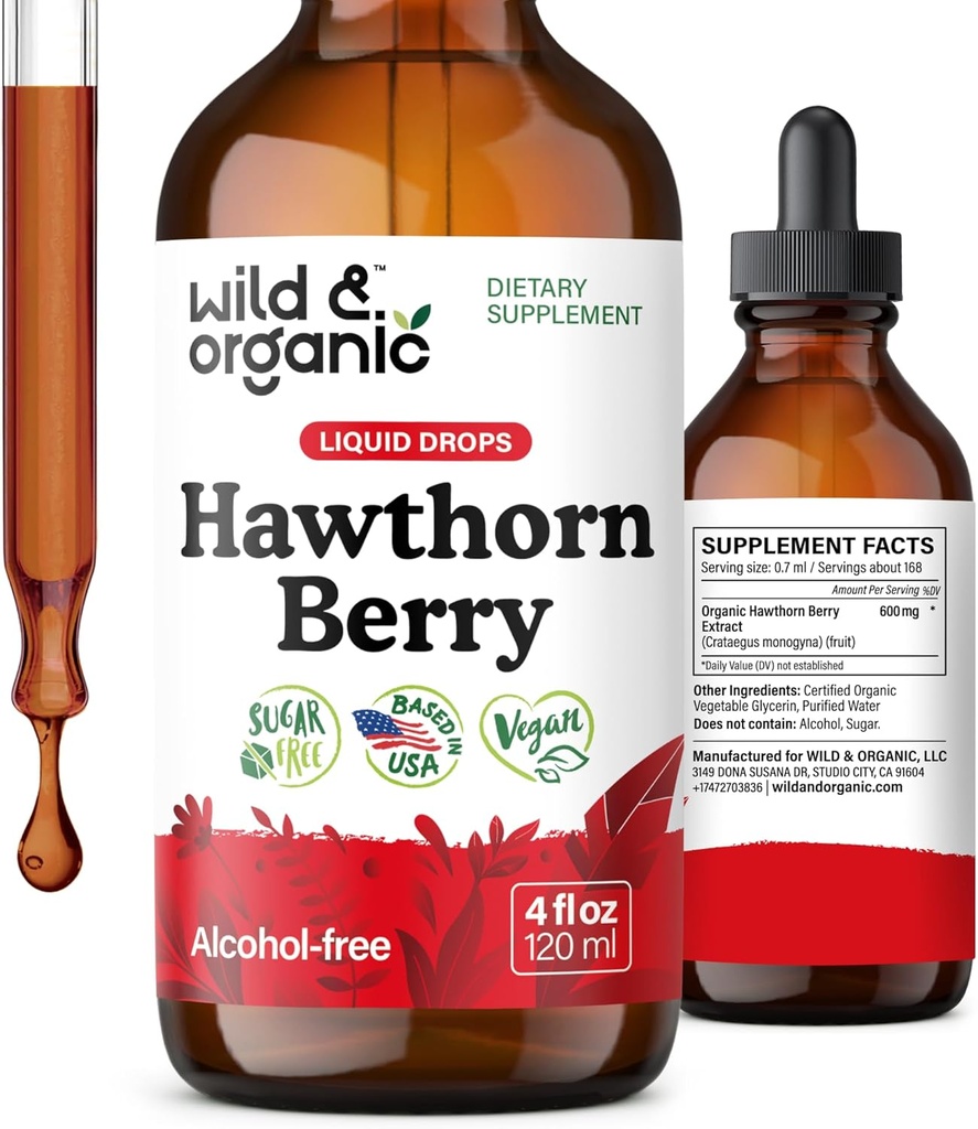 Wild & Organic Hawthorn Berry Tincture 600 mg - Liquid Hawthorne Berry Supplement for Overall Support - Vegan, Sugar & Alcohol-Free Fruit Extract Drops - 4 fl oz
