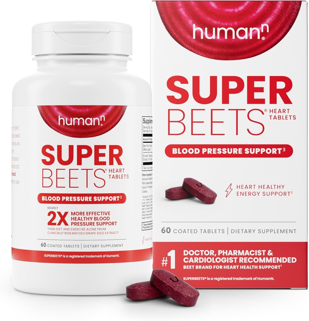 Humann SuperBeets Heart Tablets Glat Coat 500mg - non-GMO pulver - Klinisk undersøgt antioxidanter, 60 Greve