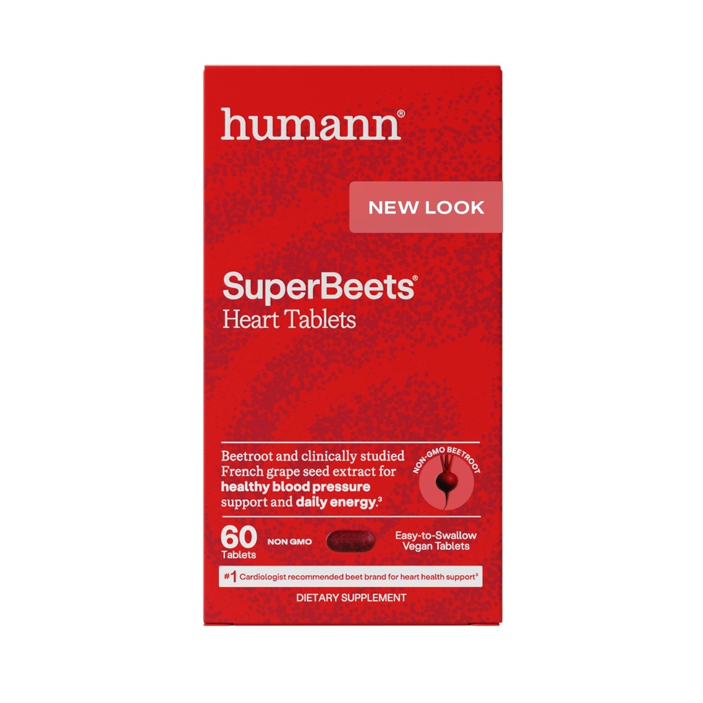 Humann SuperBeets Heart Tablets Glat Coat 500mg - non-GMO pulver - Klinisk undersøgt antioxidanter, 60 Greve
