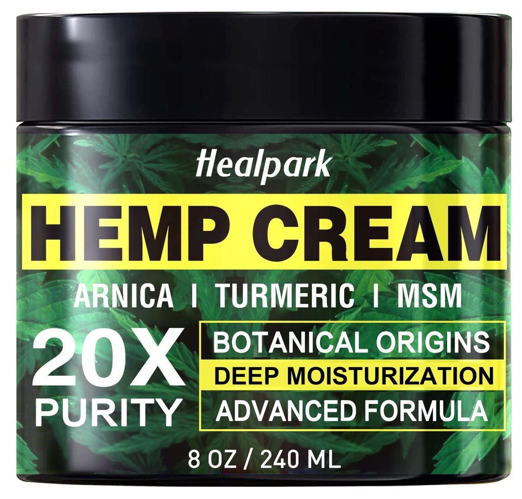 Healpark Hemp Cream 8 fl oz - Arnica,MSM, Turmeric, Emu Oil, Menthol, Aloe
