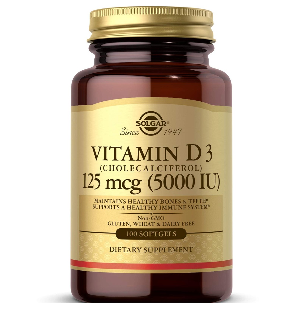 Solgar Vitamin D3 (Cholecalciferol) 125 MCG (5000 IE), 100 Softgels - Hjælper bevare sunde knogler & tænder - immunsystemet support - ikke GMO, Gluten- fri, Dairy Free - 100 Servere
