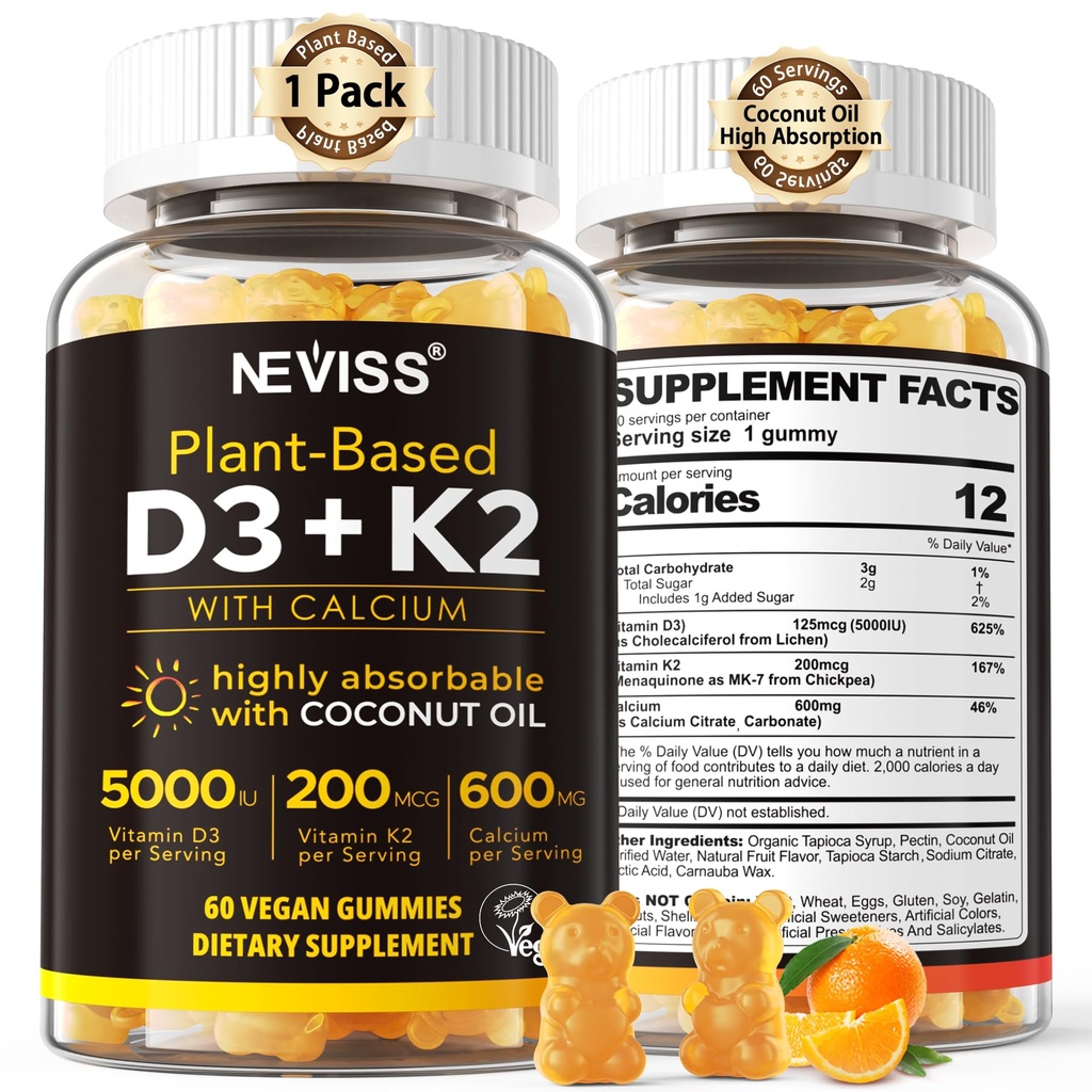 Vitamin D3 5000iu & K2 (som MK7) 200mcg Gummies + 600mg Calcium, med kokosolie til høj absorption, Maksimal styrke Vitamin D3 K2 tillæg - Støtte til knogler Muskeltænder Immun, Vegan 60 Count