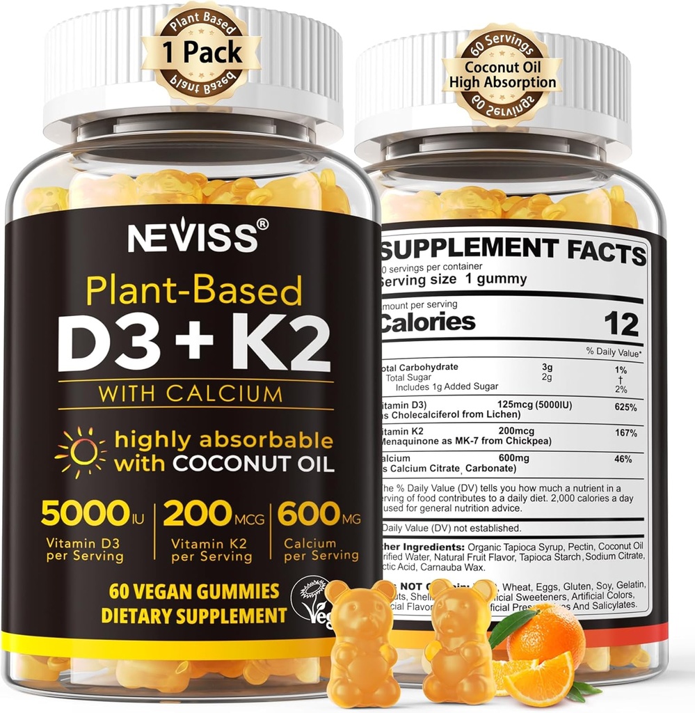 Vitamin D3 5000iu & K2 (som MK7) 200mcg Gummies + 600mg Calcium, med kokosolie til høj absorption, Maksimal styrke Vitamin D3 K2 tillæg - Støtte til knogler Muskeltænder Immun, Vegan 60 Count
