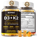 Vitamin D3 5000iu & K2 (som MK7) 200mcg Gummies + 600mg Calcium, med kokosolie til høj absorption, Maksimal styrke Vitamin D3 K2 tillæg - Støtte til knogler Muskeltænder Immun, Vegan 60 Count