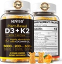 Vitamin D3 5000iu & K2 (som MK7) 200mcg Gummies + 600mg Calcium, med kokosolie til høj absorption, Maksimal styrke Vitamin D3 K2 tillæg - Støtte til knogler Muskeltænder Immun, Vegan 60 Count