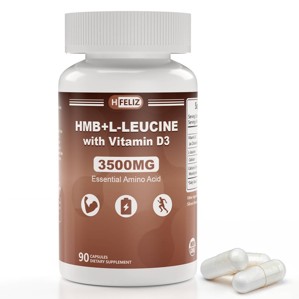 HMB and Leucine Supplement, 3500mg L-Leucine HMB with Vitamin D3, Amino Acid BCAA for Men, Vegan, Gluten Free, 90 Capsules