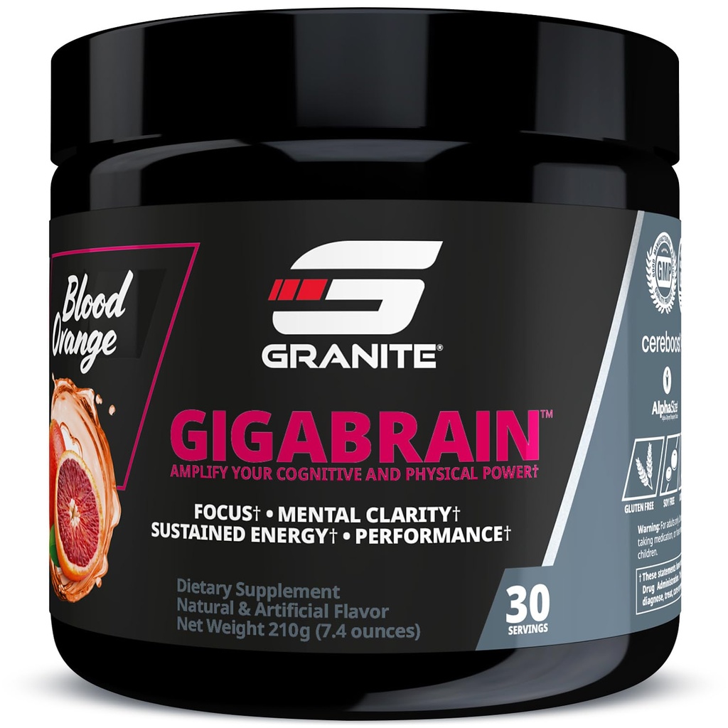 Granite Nutrition GigaBrain Nootropic Energy Powder – Cereboost, Alpha-GPC & ElevATP – Cognitive Focus Supplement for Sustained Energy & Performance – Blood Orange, 30 Servings
