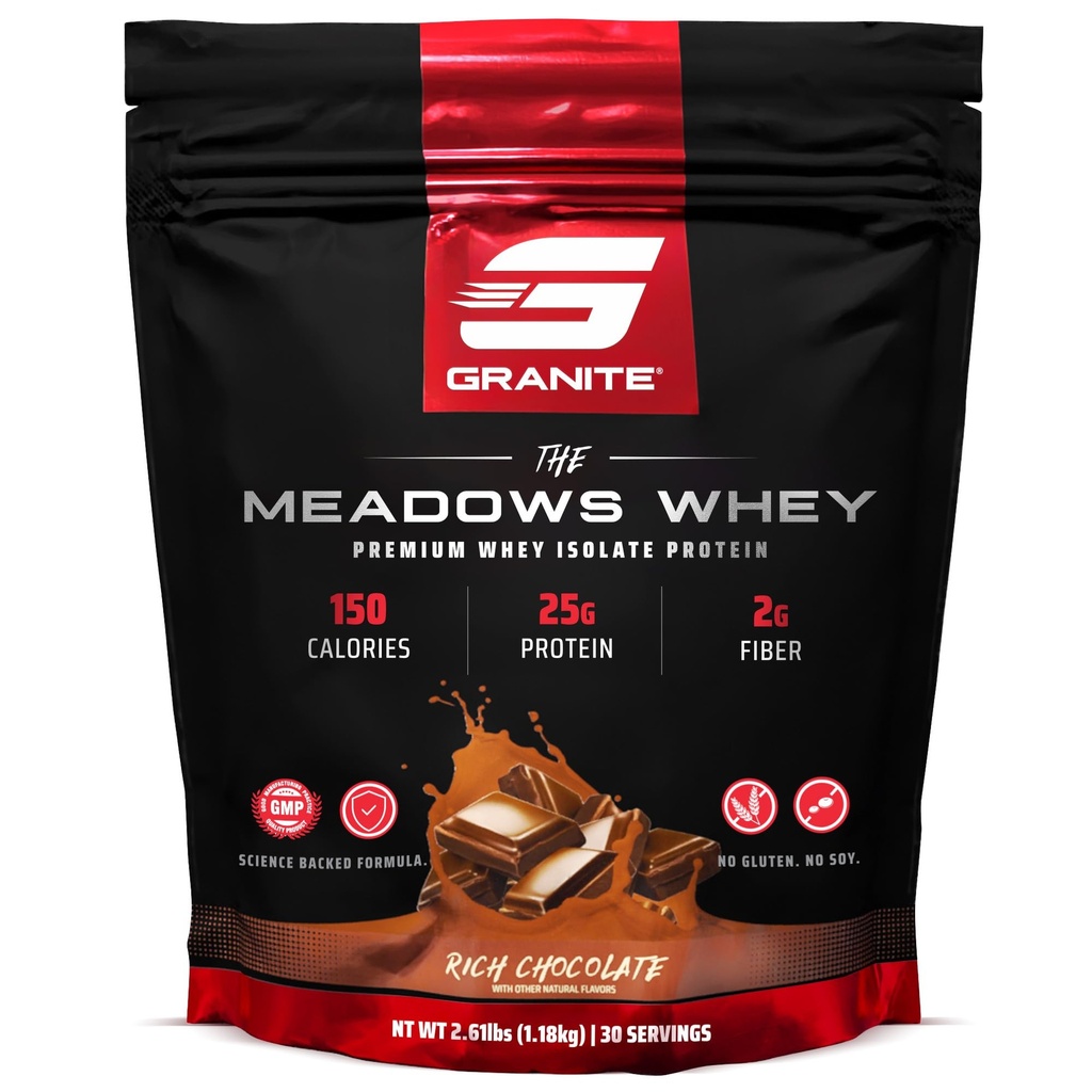 Granit kosttilskud Meadows Whey Protein Isolere protein pulver til Lean muskel med 150 kalorier, 2g Fiber, 1g sukker (30 Servere), Rich Chocolate Flavor