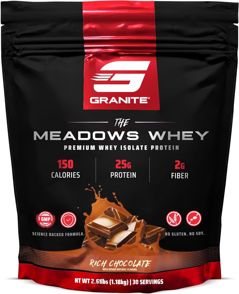 Granit kosttilskud Meadows Whey Protein Isolere protein pulver til Lean muskel med 150 kalorier, 2g Fiber, 1g sukker (30 Servere), Rich Chocolate Flavor