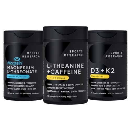 Sports Research Magtein Magnesium L- Threonate Capsules (2000mg, 90 Capsules), Vegan Vitamin D3 + K2 w / Organic Coconut Oil (5000iu VIT. D 100mcg Mk7 VIT. K, 60 Softgel) og L- Theanine (200mg, 60 ct)