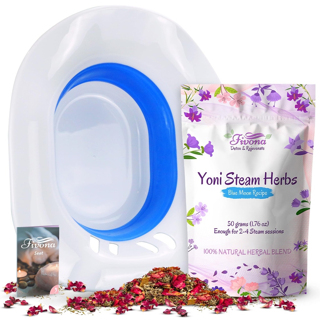Fivona 2 in 1 Yoni Steam Kit Over The Toilet Seat with V Steam Herbs Blue Moon Recipe for Detox, Cleansing, PH Balance and Odor Control