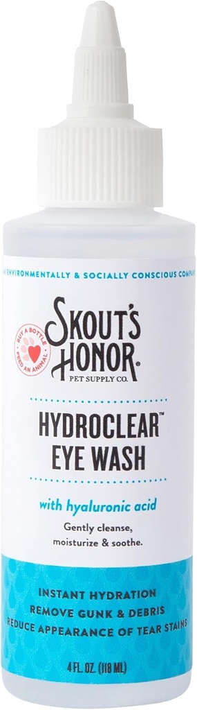 SKOUT 'S HONOR HydroClear Eye Wash med Hyaluronsyre, 4oz flaske - ikke-medicineret, Daglig øjenpleje for hunde & katte