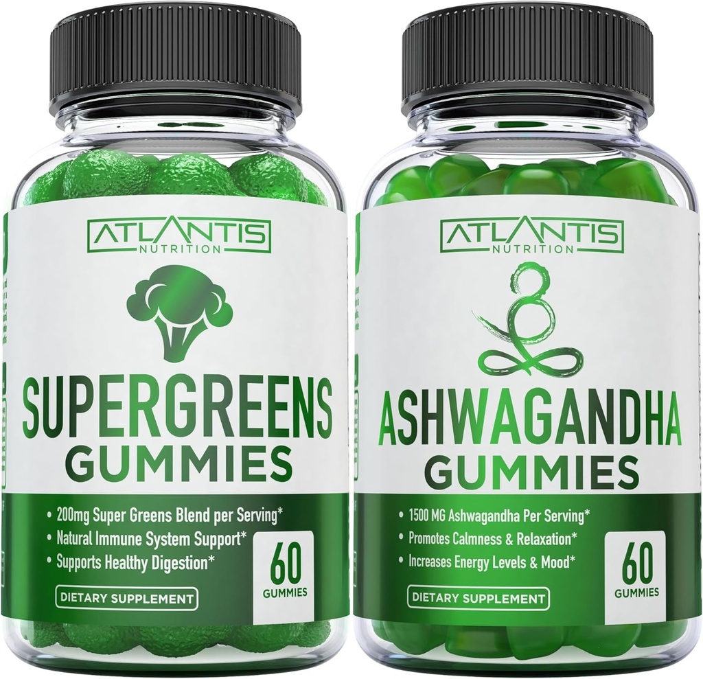 Supergreens & Ashwagandha Gummies - Ashwagandha fremmer Calmness & Forbedrer immunsystemet - Lækre Supergreens Med Spinat, Broccoli, Rødbeder & Grøn te til immunforsvar - 60 Gummies
