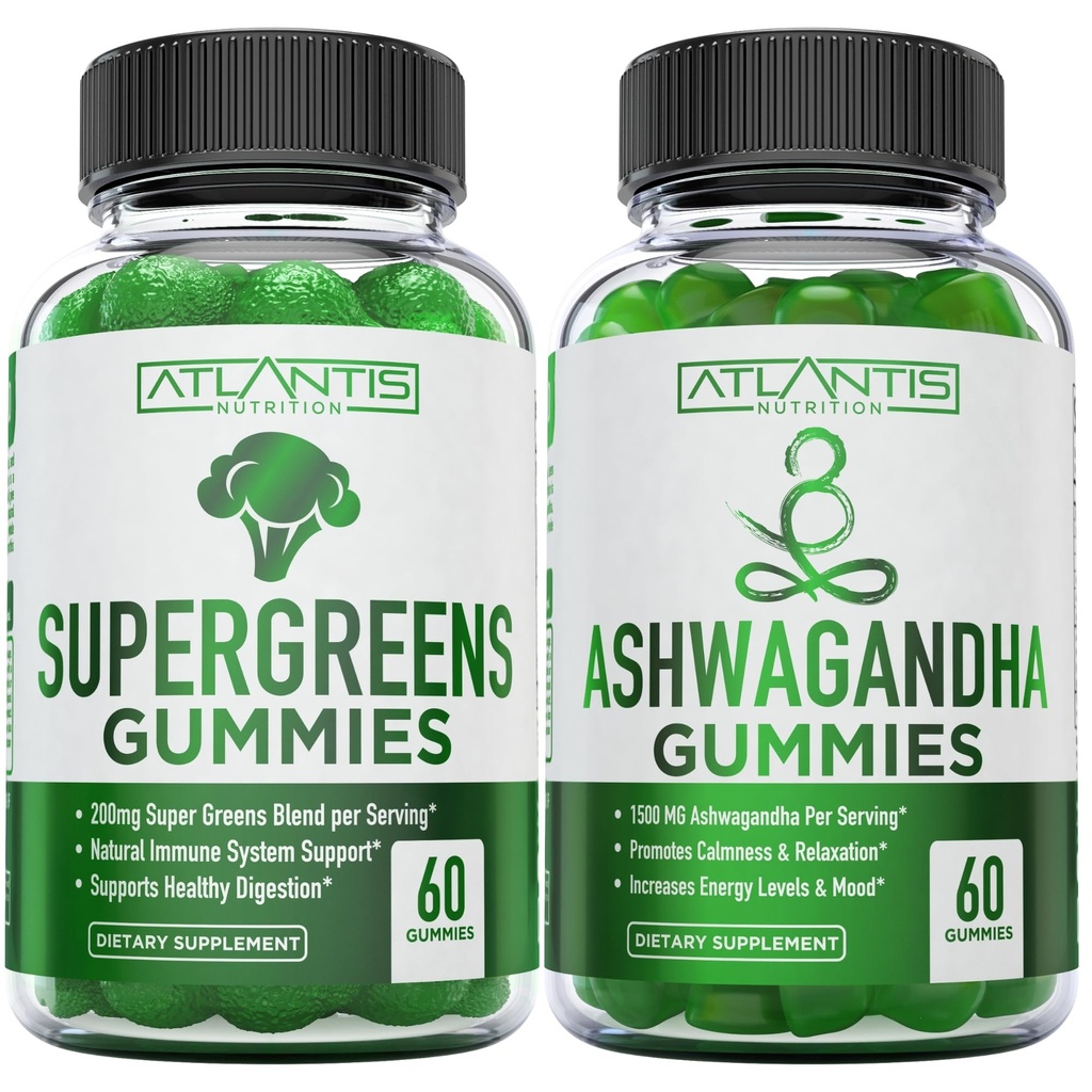 Supergreens & Ashwagandha Gummies - Ashwagandha fremmer Calmness & Forbedrer immunsystemet - Lækre Supergreens Med Spinat, Broccoli, Rødbeder & Grøn te til immunforsvar - 60 Gummies