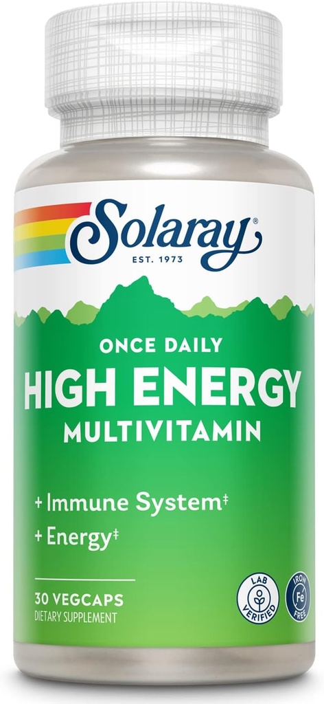 SOLARAY Én gang Daglig High Energy Multivitamin, jern fri, immunsystem og energistøtte, hel mad og urter Base Ingredienser, Herre og kvinder Multi Vitamin (30 Servere, 30 VegCaps)