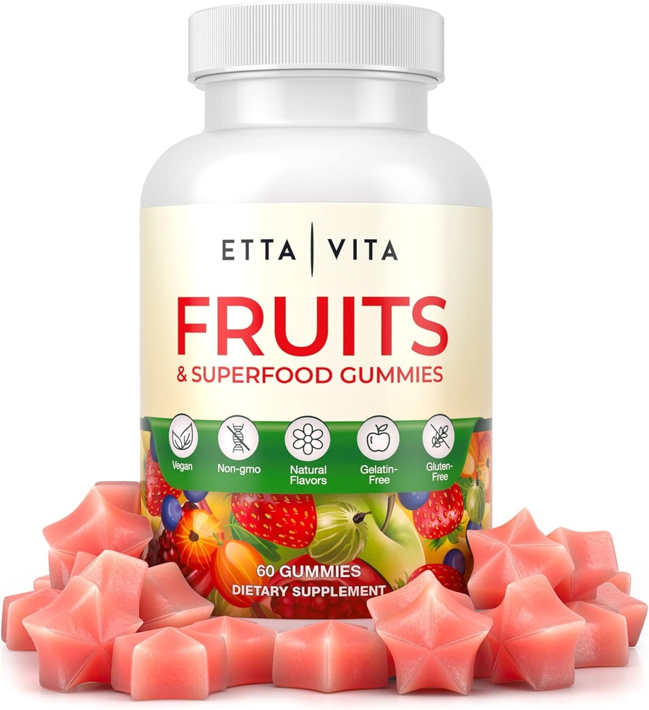Superfruit Gummies Supplement for Bloating & Gut Health, 9 Superfruit Supplement for voksne & Børn, Collagen Booster - Immunity & Antioxidant Support, Non-GMO, Pectin- baseret, Gluten- fri, Ingen kapsler