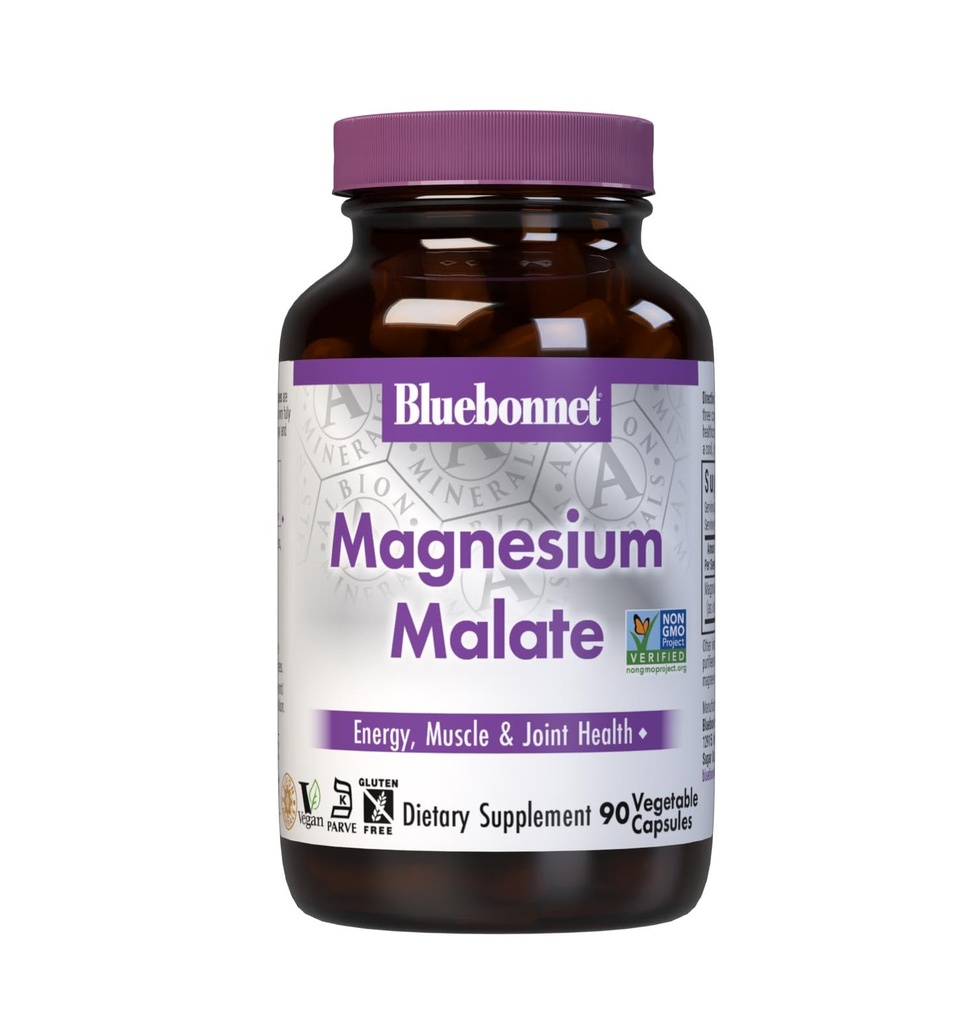 Bluebonnet Nutrition Magnesium Malat Vegetabilske kapsler - understøtter energi, muskel & fælles sundhed - non-GMO, Vegan, Kosher Certificeret, Gluten- Free, 90 Greve