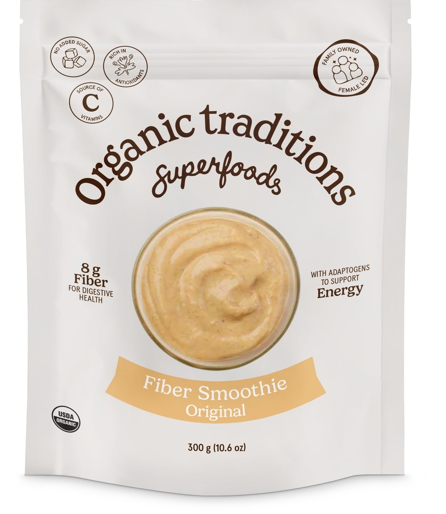 Organic Traditions Fiber Smoothie Original, Prebiotic Supplement with Chia, Flax, Chia, Flax, Psyllium, Acacia, Vitamin C and Superfood Blend, High Fiber Supplement for Digestive Health, 300g / 10.6oz