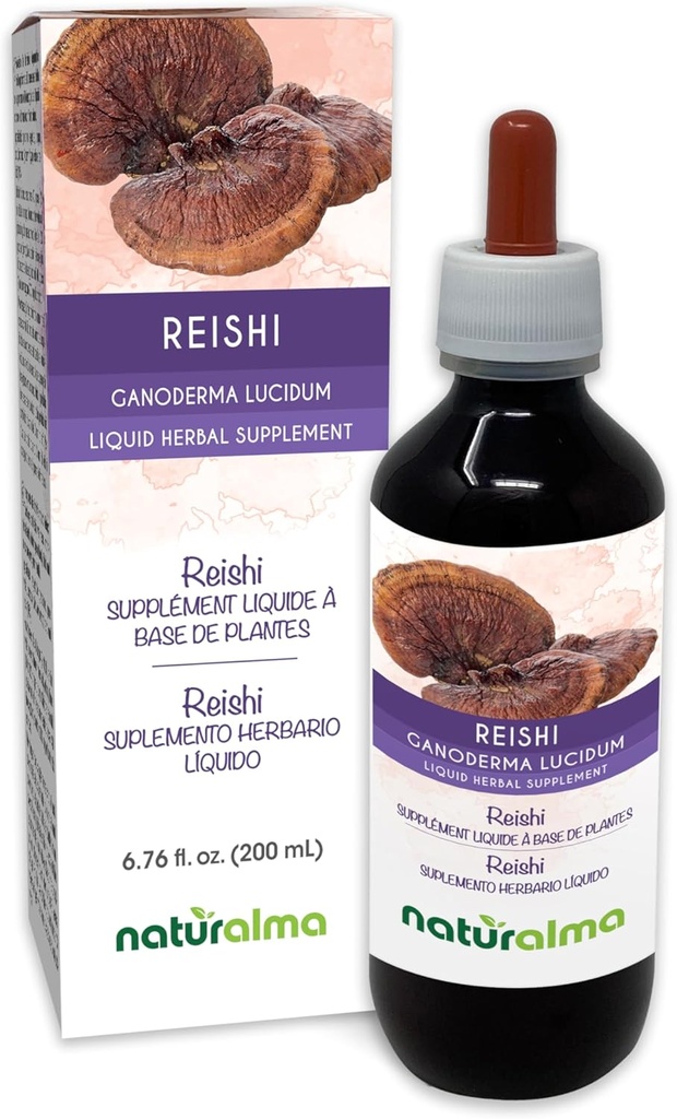 Naturalma Reishi (Ganoderma lucidum) Svampe eller champignon Alkoholfri tinktur - 6,76 fl oz flydende ekstrakt i dråber - Urtetilskud - Vegan